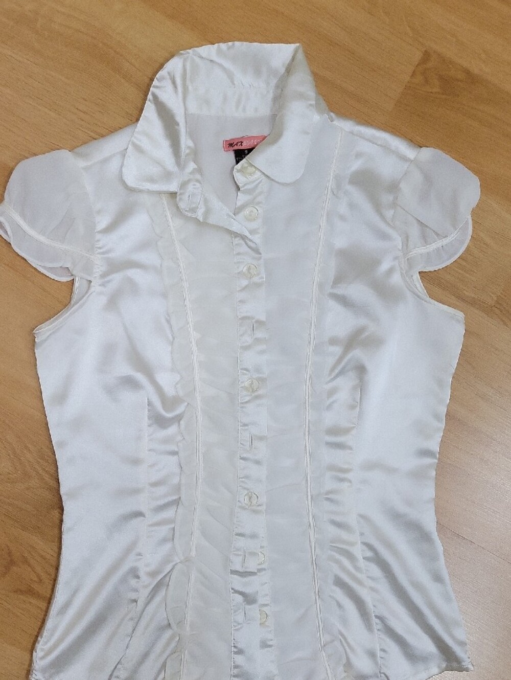 Max Rave White Satin Ruffle-Trim Button Blouse - Picture 2 of 3